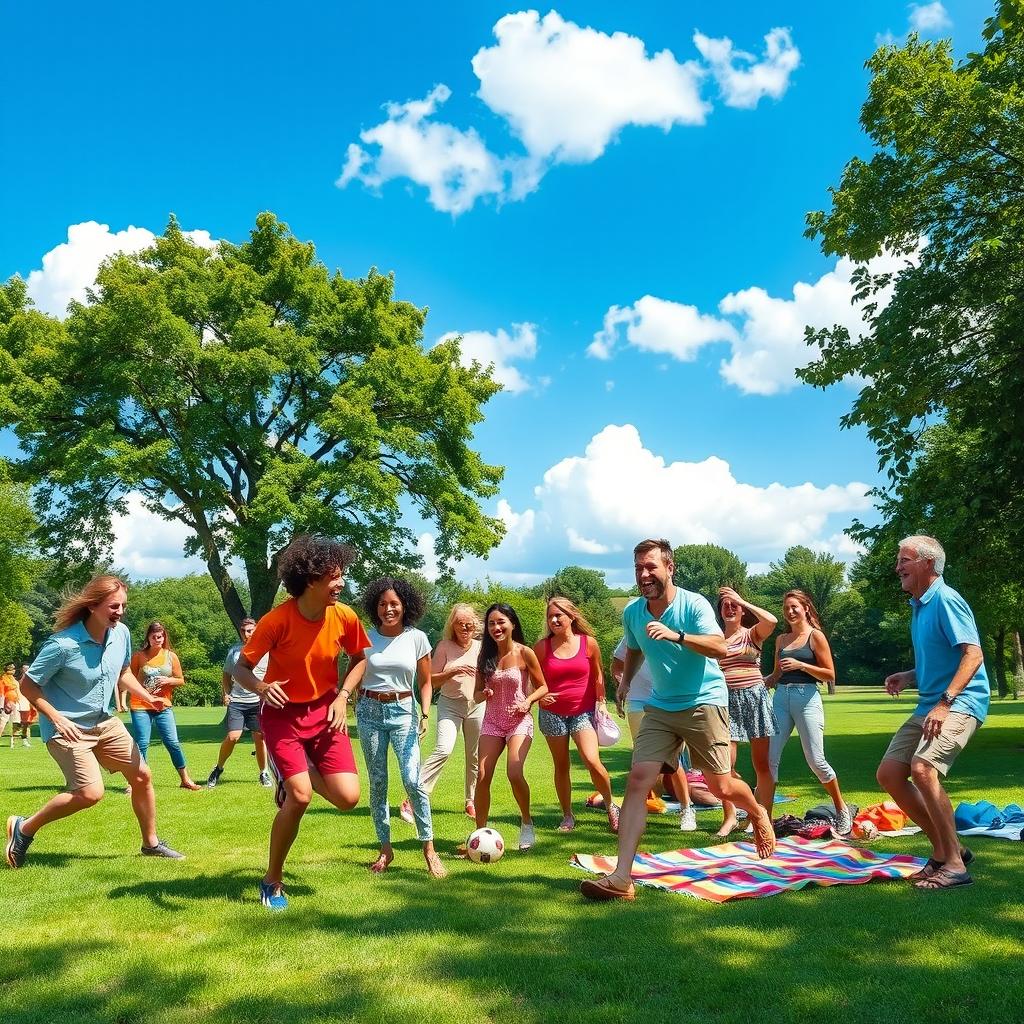 A vibrant and whimsical scene featuring a variety of playful games being enjoyed by a diverse group of adults in a sunny outdoor park