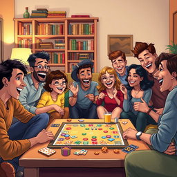A vivid and dynamic illustration capturing an exciting group of people playing an engaging board game in a cozy living room