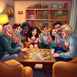 A vivid and dynamic illustration capturing an exciting group of people playing an engaging board game in a cozy living room