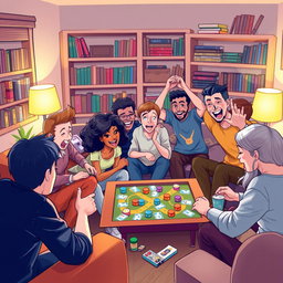 A vivid and dynamic illustration capturing an exciting group of people playing an engaging board game in a cozy living room