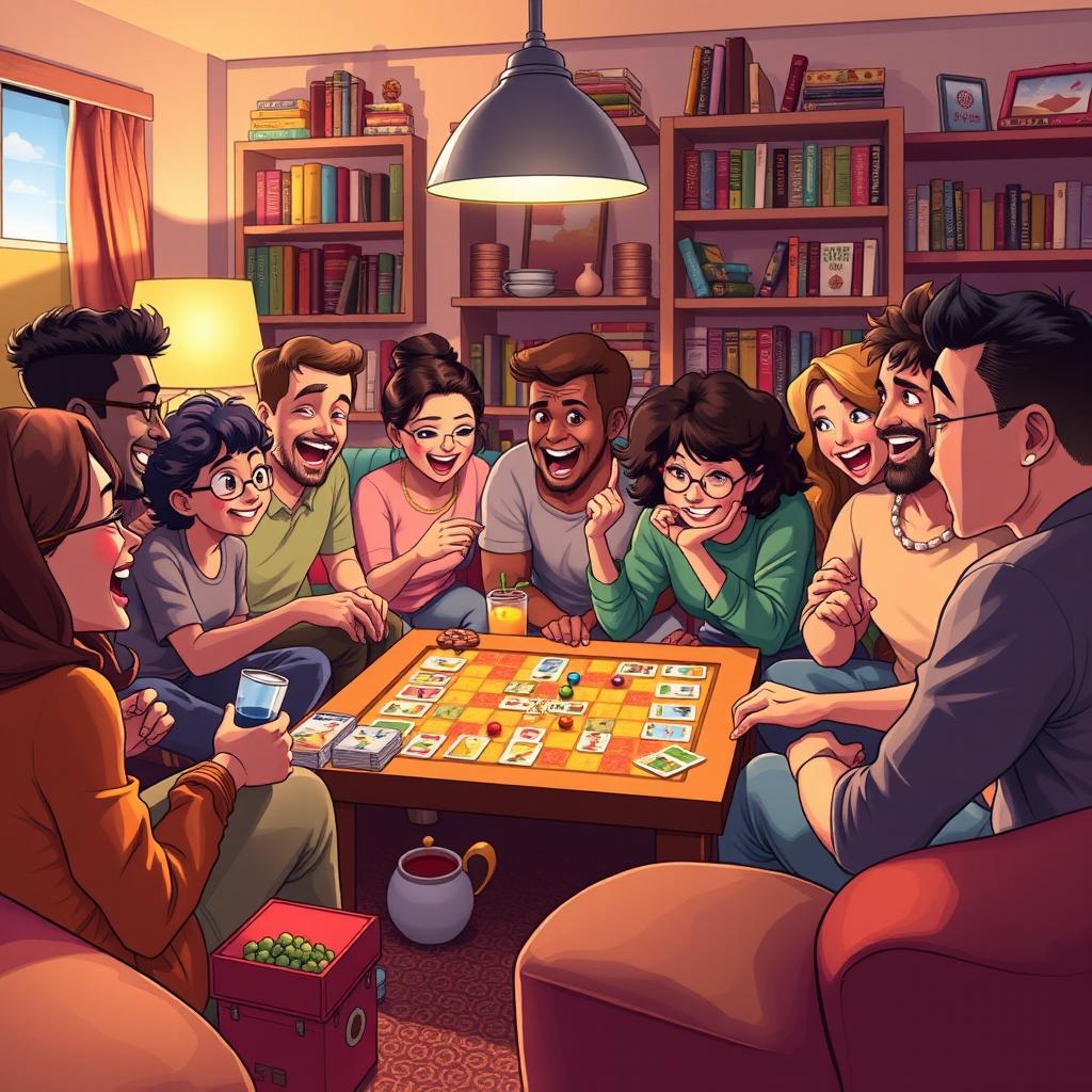 A vivid and dynamic illustration capturing an exciting group of people playing an engaging board game in a cozy living room
