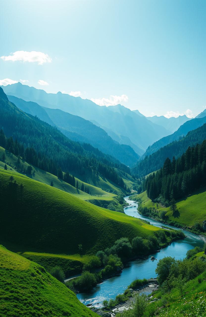 A stunning and immersive cinematic landscape depicting diverse geographical features with a vibrant green theme