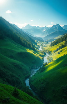 A stunning and immersive cinematic landscape depicting diverse geographical features with a vibrant green theme