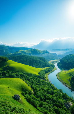 A stunning and immersive cinematic landscape depicting diverse geographical features with a vibrant green theme