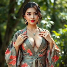 A full-body portrait of a stunning and sexy 25-year-old Chinese supermodel with a fit body, showcasing big perky breasts
