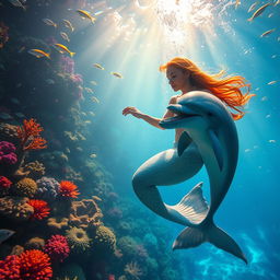 An alluring underwater scene showcasing vibrant marine life, with colorful coral reefs, schools of fish swimming gracefully, and a serene sunlight filtering through sparkling water
