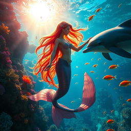 An alluring underwater scene showcasing vibrant marine life, with colorful coral reefs, schools of fish swimming gracefully, and a serene sunlight filtering through sparkling water