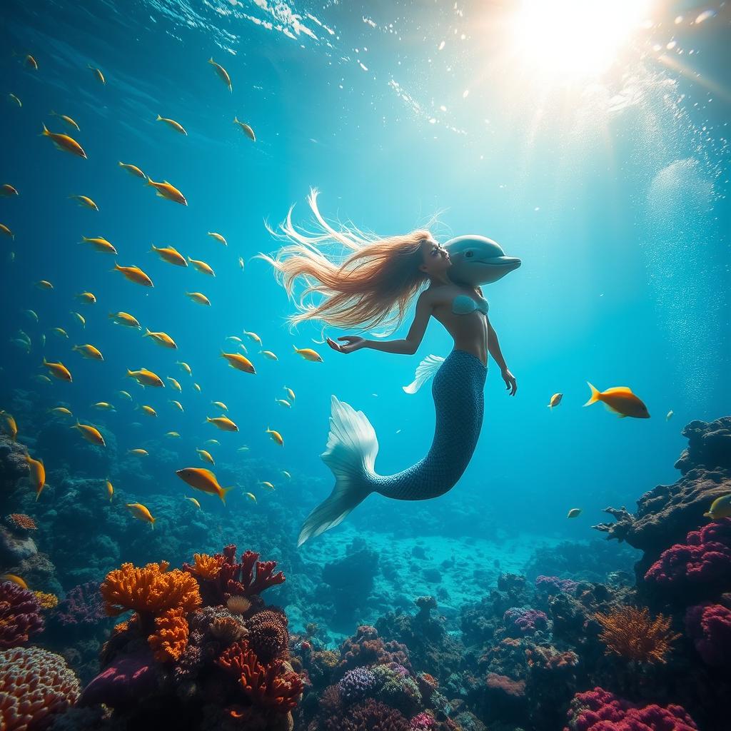 An alluring underwater scene showcasing vibrant marine life, with colorful coral reefs, schools of fish swimming gracefully, and a serene sunlight filtering through sparkling water