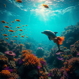 An alluring underwater scene showcasing vibrant marine life, with colorful coral reefs, schools of fish swimming gracefully, and a serene sunlight filtering through sparkling water