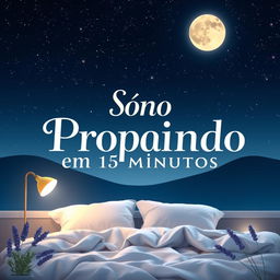A captivating ebook cover for 'Sono Profundo em 15 Minutos' featuring a tranquil night scene