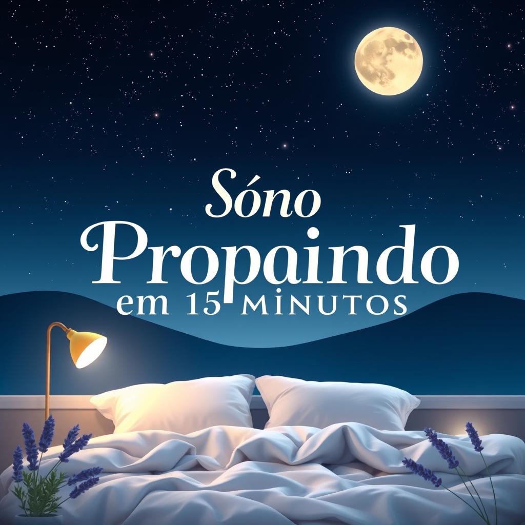 A captivating ebook cover for 'Sono Profundo em 15 Minutos' featuring a tranquil night scene