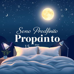 A captivating ebook cover for 'Sono Profundo em 15 Minutos' featuring a tranquil night scene