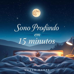 A captivating ebook cover for 'Sono Profundo em 15 Minutos' featuring a tranquil night scene