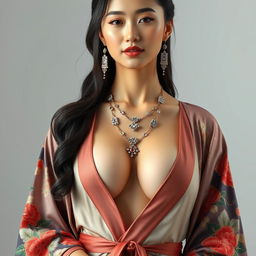 A full-body portrait of a stunning and sexy 25-year-old Chinese supermodel with a fit body and big perky breasts