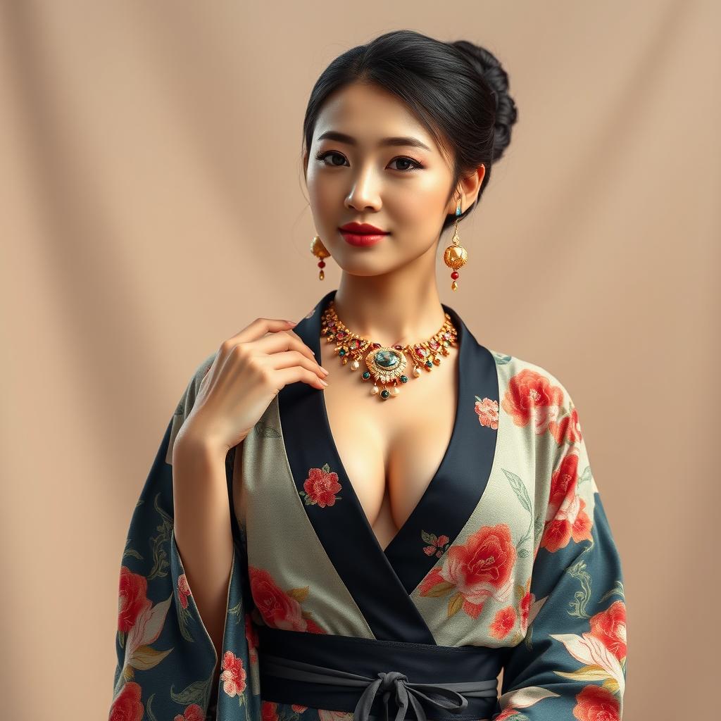 A full-body portrait of a stunning and sexy 25-year-old Chinese supermodel with a fit body and big perky breasts