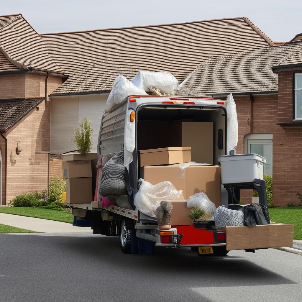 A robust removal truck full of various household items, set against a suburban backdrop, ready for a long-distance move.