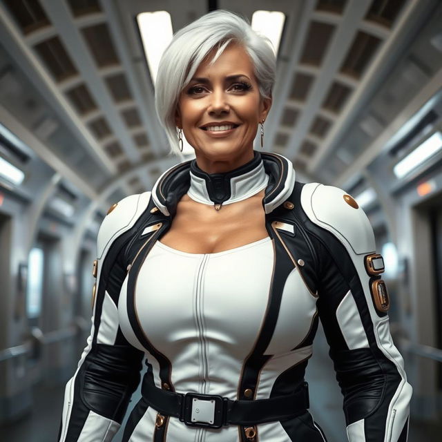 A full body image of a mature woman with a face that reflects her 50 years, featuring a noticeable mole near her lip