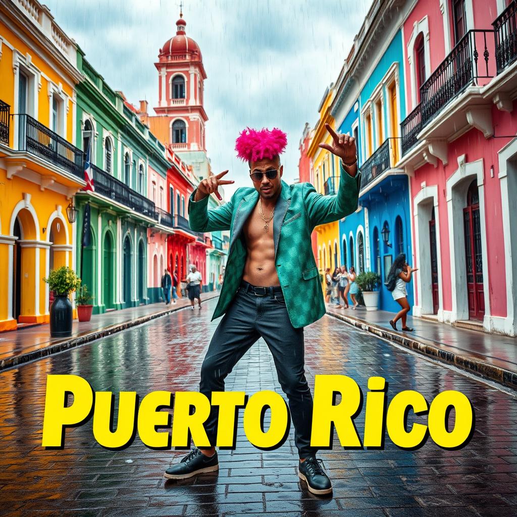 A vibrant and colorful scene depicting Old San Juan, Puerto Rico, with its iconic cobblestone streets, colorful colonial buildings, and historical landmarks