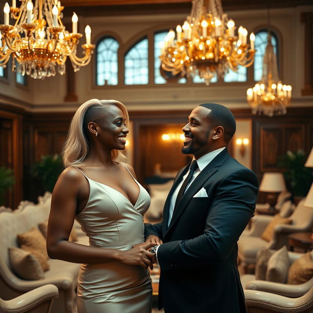 A stunning blond woman and a handsome Black man enjoying a luxurious moment together in a grand mansion, surrounded by opulent decor and soft, warm lighting
