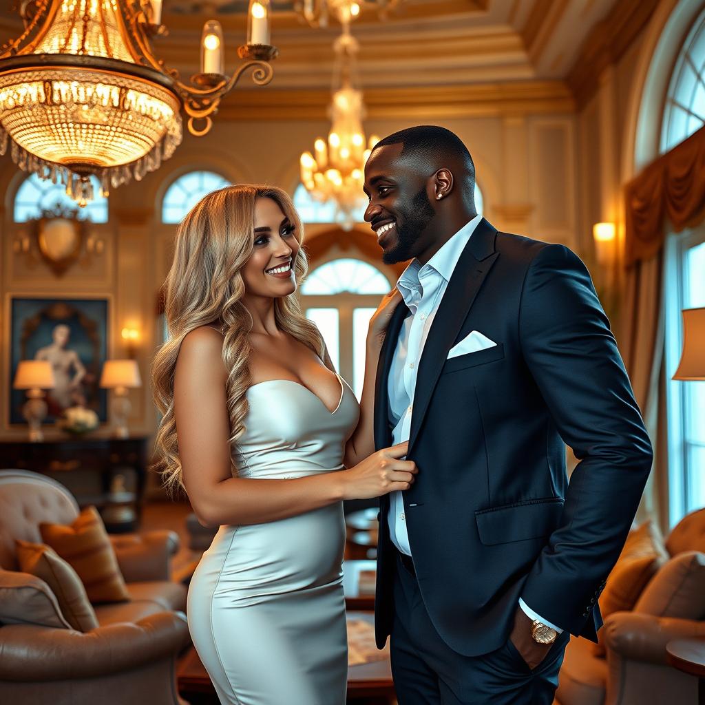 A stunning blond woman and a handsome Black man enjoying a luxurious moment together in a grand mansion, surrounded by opulent decor and soft, warm lighting