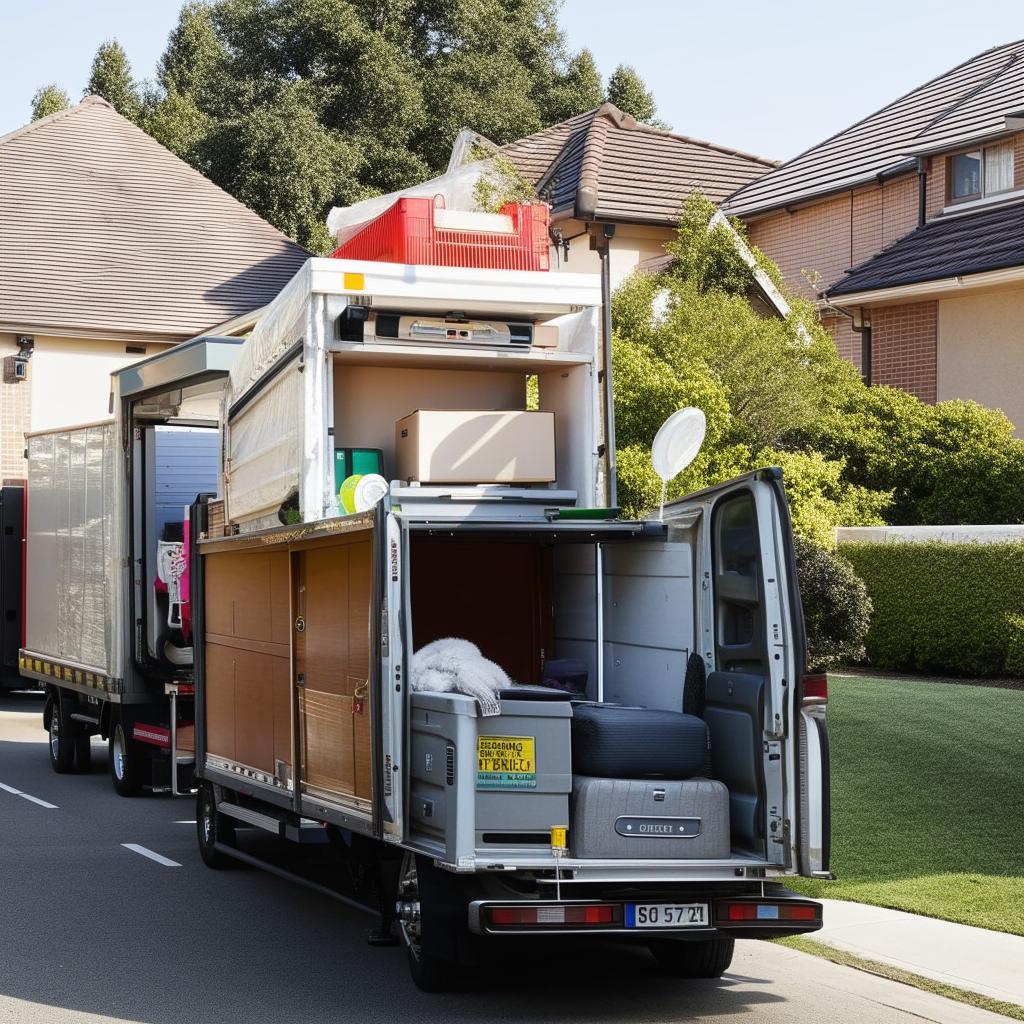 A robust removal truck full of various household items, set against a suburban backdrop, ready for a long-distance move.