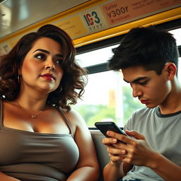 A curvy brunette milf seated on a bus, her demeanor relaxed as she gazes out the window, lost in thought
