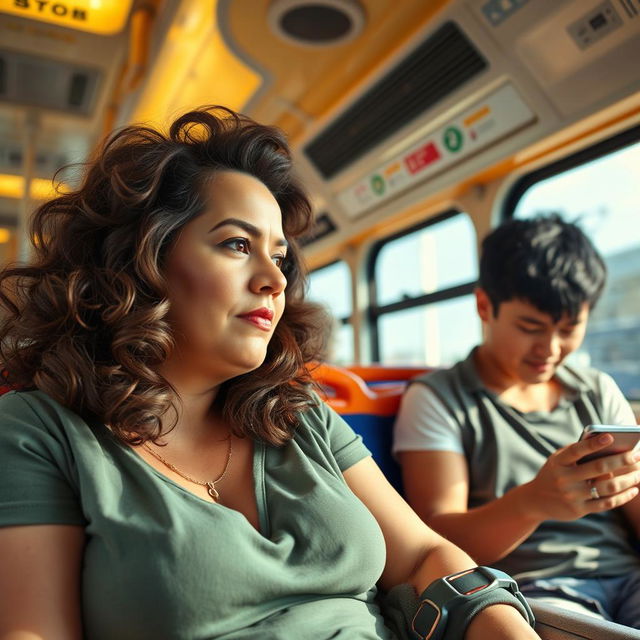 A curvy brunette milf seated on a bus, her demeanor relaxed as she gazes out the window, lost in thought