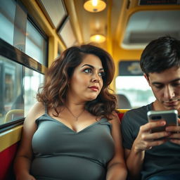 A curvy brunette milf seated on a bus, her demeanor relaxed as she gazes out the window, lost in thought