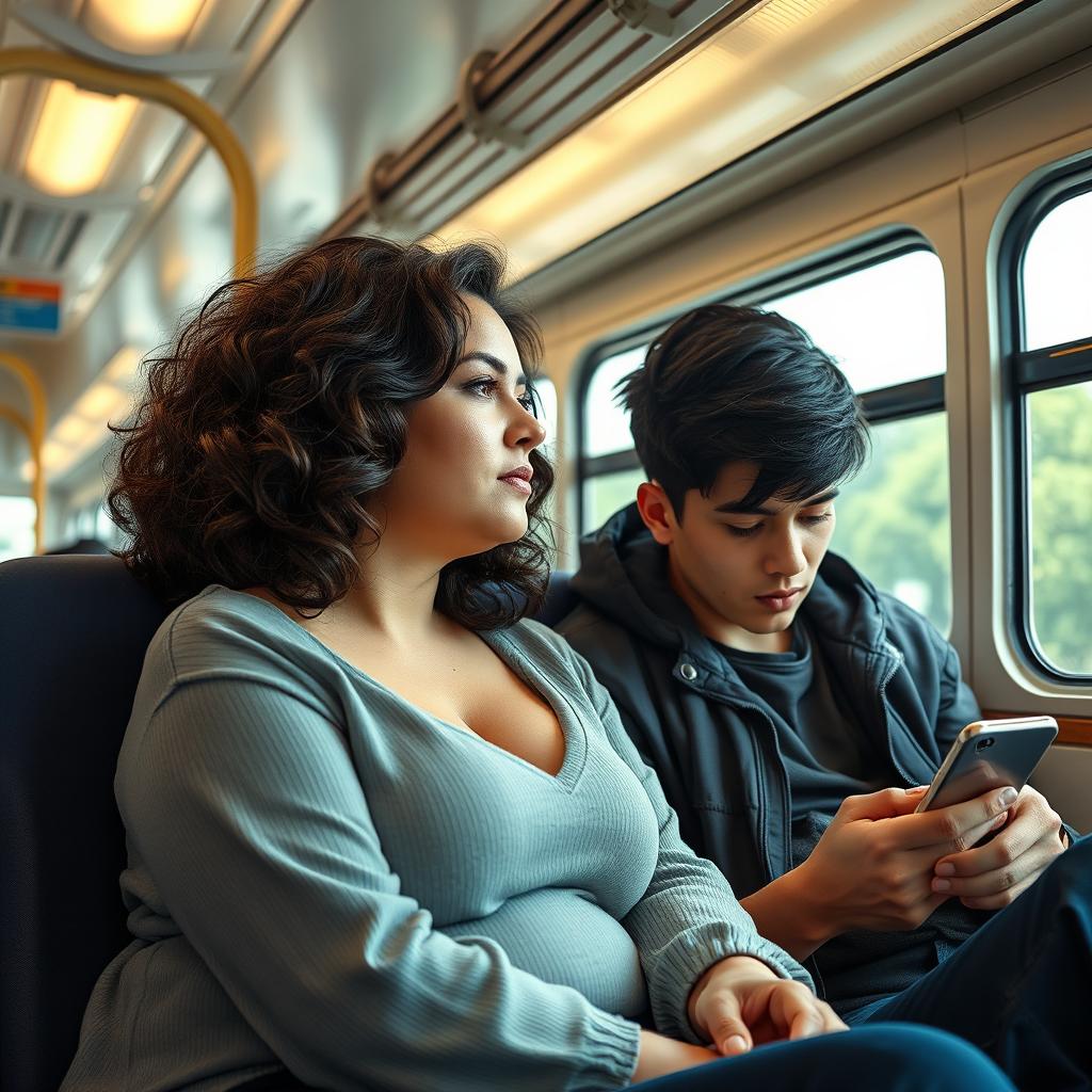 A curvy brunette milf seated on a bus, her demeanor relaxed as she gazes out the window, lost in thought