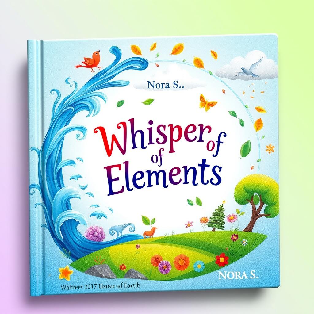 A vibrant and enchanting book cover for children titled "Whisper of Elements" by Nora S