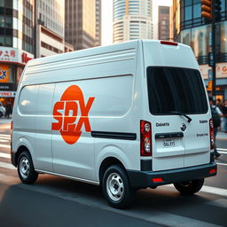 A white Daihatsu Grandmax blind van featuring a bold orange SPX logo displayed on its side