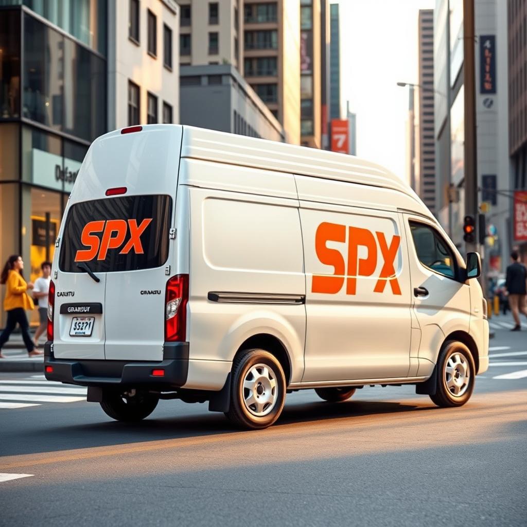 A white Daihatsu Grandmax blind van featuring a bold orange SPX logo displayed on its side