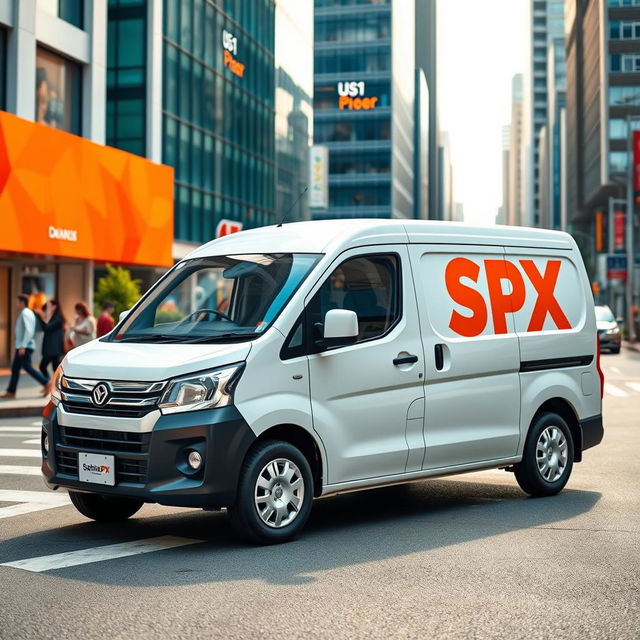 A white Daihatsu Grandmax blind van featuring a bold orange SPX logo displayed on its side