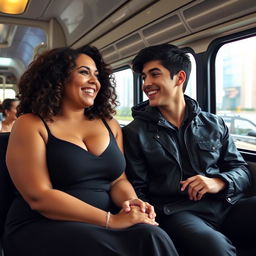 A curvy brunette woman, dressed stylishly, seated comfortably on a bus, looking happy as she shares a warm moment with a young man with black hair, who is sitting next to her
