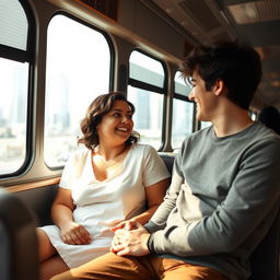 A curvy brunette woman, dressed stylishly, seated comfortably on a bus, looking happy as she shares a warm moment with a young man with black hair, who is sitting next to her