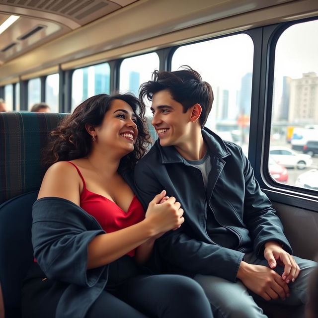 A curvy brunette woman, dressed stylishly, seated comfortably on a bus, looking happy as she shares a warm moment with a young man with black hair, who is sitting next to her
