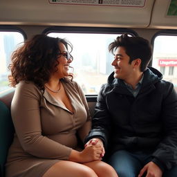A curvy brunette woman, dressed stylishly, seated comfortably on a bus, looking happy as she shares a warm moment with a young man with black hair, who is sitting next to her
