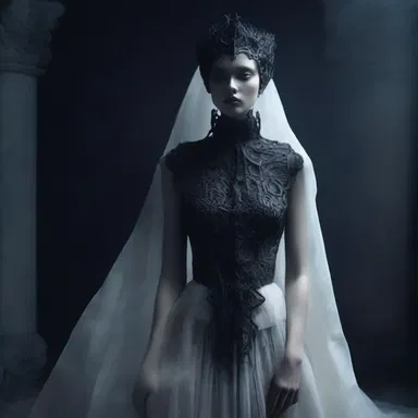The concept of the afterlife is often depicted in fashion through dark and ethereal designs.