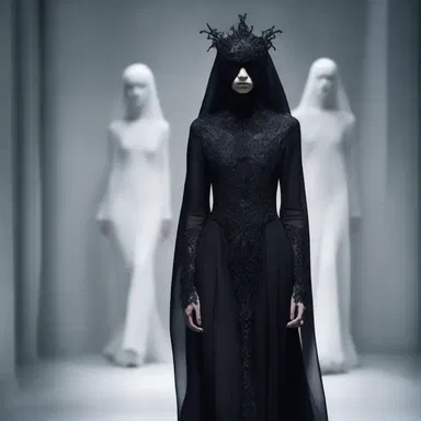 The concept of the afterlife is often depicted in fashion through dark and ethereal designs.
