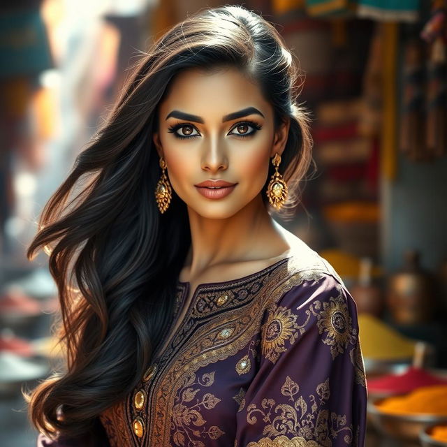 A stunning portrait of a woman with long, flowing black hair styled elegantly over her shoulder, wearing a traditional Middle Eastern gown that is beautifully embellished with intricate designs and shimmering gold accents