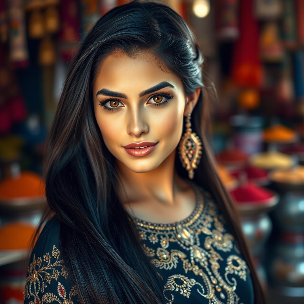 A stunning portrait of a woman with long, flowing black hair styled elegantly over her shoulder, wearing a traditional Middle Eastern gown that is beautifully embellished with intricate designs and shimmering gold accents