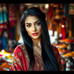 A stunning portrait of a woman with long, flowing black hair styled elegantly over her shoulder, wearing a traditional Middle Eastern gown that is beautifully embellished with intricate designs and shimmering gold accents