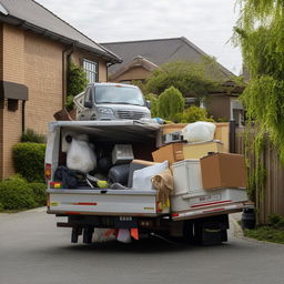 A robust removal truck full of various household items, set against a suburban backdrop, ready for a long-distance move.