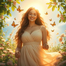 A radiant mother figure surrounded by a soft, golden light, her features glowing with warmth and love