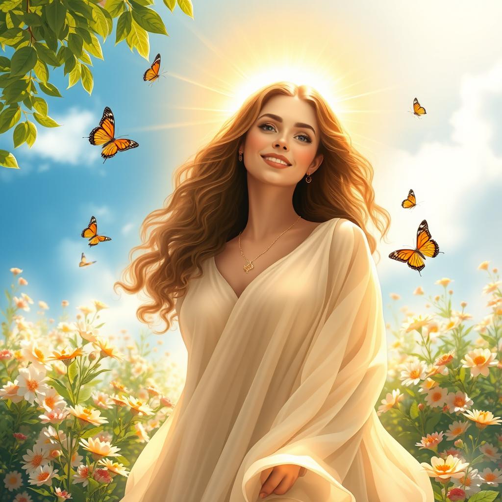 A radiant mother figure surrounded by a soft, golden light, her features glowing with warmth and love