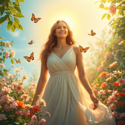 A radiant mother figure surrounded by a soft, golden light, her features glowing with warmth and love