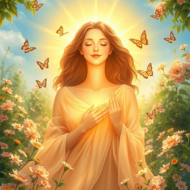 A radiant mother figure surrounded by a soft, golden light, her features glowing with warmth and love