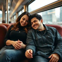 A curvy brunette woman, a stylish milf, seated on a bus heading to another city, with a young man who has black hair sitting next to her