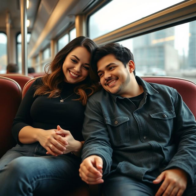 A curvy brunette woman, a stylish milf, seated on a bus heading to another city, with a young man who has black hair sitting next to her