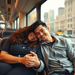 A curvy brunette woman, a stylish milf, seated on a bus heading to another city, with a young man who has black hair sitting next to her